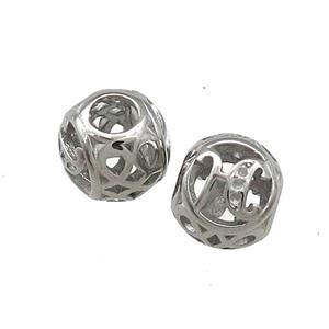 Raw Titanium Steel Round Beads Letter-H Large Hole Hollow, approx 9-10mm, 4mm hole