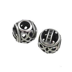 Titanium Steel Round Beads Letter-I Large Hole Hollow Antique Silver, approx 9-10mm, 4mm hole