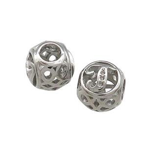 Raw Titanium Steel Round Beads Letter-J Large Hole Hollow, approx 9-10mm, 4mm hole