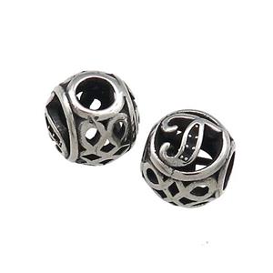 Titanium Steel Round Beads Letter-J Large Hole Hollow Antique Silver, approx 9-10mm, 4mm hole