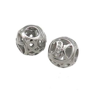 Raw Titanium Steel Round Beads Letter-K Large Hole Hollow, approx 9-10mm, 4mm hole