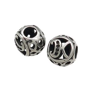 Titanium Steel Round Beads Letter-K Large Hole Hollow Antique Silver, approx 9-10mm, 4mm hole