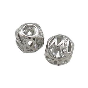 Raw Titanium Steel Round Beads Letter-M Large Hole Hollow, approx 9-10mm, 4mm hole