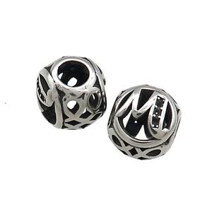 Titanium Steel Round Beads Letter-M Large Hole Hollow Antique Silver, approx 9-10mm, 4mm hole