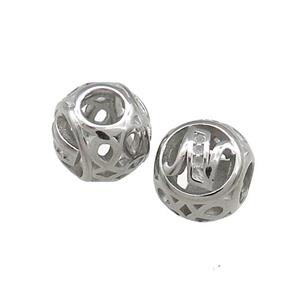 Raw Titanium Steel Round Beads Letter-N Large Hole Hollow, approx 9-10mm, 4mm hole