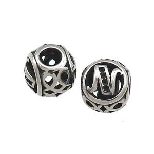Titanium Steel Round Beads Letter-N Large Hole Hollow Antique Silver, approx 9-10mm, 4mm hole