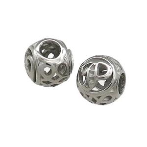 Raw Titanium Steel Round Beads Letter-P Large Hole Hollow, approx 9-10mm, 4mm hole