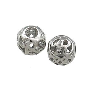 Raw Titanium Steel Round Beads Letter-R Large Hole Hollow, approx 9-10mm, 4mm hole