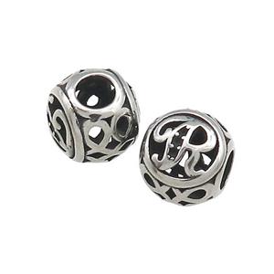 Titanium Steel Round Beads Letter-R Large Hole Hollow Antique Silver, approx 9-10mm, 4mm hole