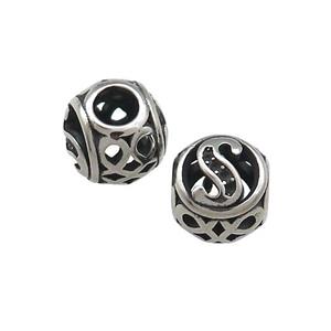 Titanium Steel Round Beads Letter-S Large Hole Hollow Antique Silver, approx 9-10mm, 4mm hole