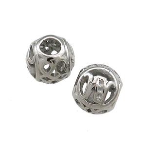 Raw Titanium Steel Round Beads Letter-W Large Hole Hollow, approx 9-10mm, 4mm hole