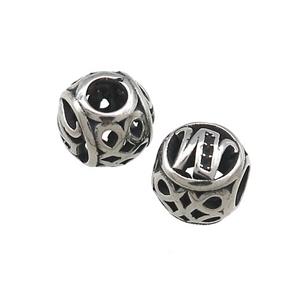 Titanium Steel Round Beads Letter-W Large Hole Hollow Antique Silver, approx 9-10mm, 4mm hole