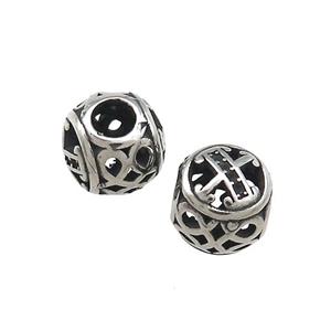 Titanium Steel Round Beads Letter-X Large Hole Hollow Antique Silver, approx 9-10mm, 4mm hole