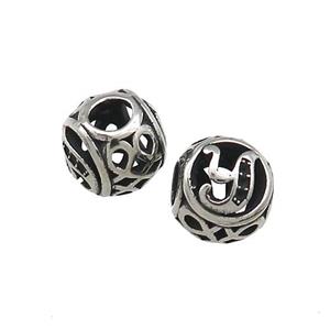 Titanium Steel Round Beads Letter-Y Large Hole Hollow Antique Silver, approx 9-10mm, 4mm hole