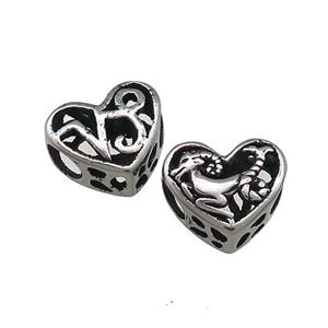 Titanium Steel Heart Beads Zodiac Capricorn Large Hole Hollow Antique Silver, approx 12mm, 4mm hole