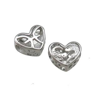 Raw Titanium Steel Heart Beads Zodiac Pisces Large Hole Hollow, approx 12mm, 4mm hole