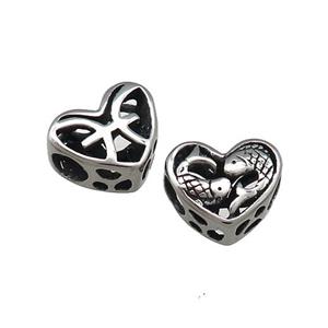 Titanium Steel Heart Beads Zodiac Pisces Large Hole Hollow Antique Silver, approx 12mm, 4mm hole