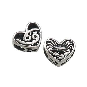 Titanium Steel Heart Beads Zodiac Cancer Large Hole Hollow Antique Silver, approx 12mm, 4mm hole