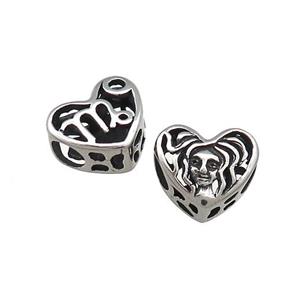 Titanium Steel Heart Beads Zodiac Virgo Large Hole Hollow Antique Silver, approx 12mm, 4mm hole