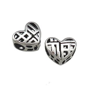 Titanium Steel Heart Beads Lucky Fu Large Hole Hollow Antique Silver, approx 12mm, 4mm hole