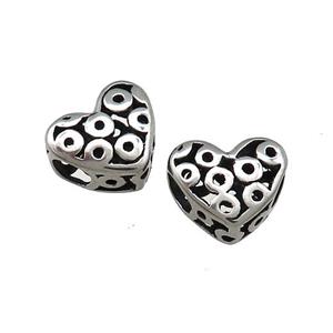 Titanium Steel Heart Beads Large Hole Hollow Antique Silver, approx 12mm, 4mm hole