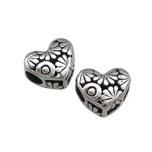 Titanium Steel Heart Beads Flower Large Hole Hollow Antique Silver, approx 12mm, 4mm hole