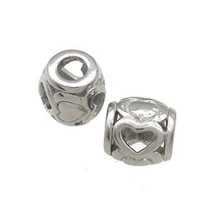 Raw Titanium Steel Barrel Beads Heart Large Hole Hollow, approx 9mm, 4mm hole