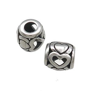 Titanium Steel Barrel Beads Heart Large Hole Hollow Antique Silver, approx 9mm, 4mm hole