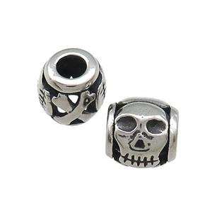 Titanium Steel Barrel Beads Large Hole Hollow Skull Antique Silver, approx 9mm, 4mm hole