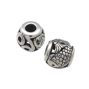 Titanium Steel Barrel Beads Large Hole Hollow Fish Antique Silver, approx 9mm, 4mm hole