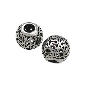 Titanium Steel Round Beads Large Hole Hollow Antique Silver, approx 9-10mm, 4mm hole
