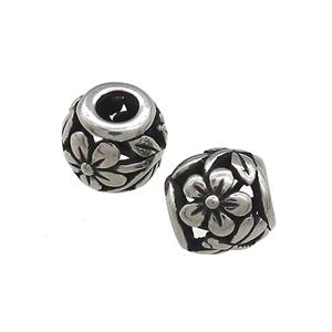 Titanium Steel Round Beads Large Hole Hollow Flower Antique Silver, approx 10mm, 4mm hole