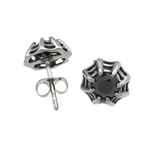 Stainless Steel Stud Earring Pave Rhinestone Cobweb Antique Silver, approx 10mm