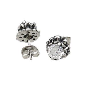 Stainless Steel Stud Earring Pave Rhinestone Lotus Antique Silver, approx 9mm
