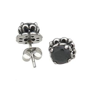 Stainless Steel Stud Earring Pave Rhinestone Lotus Antique Silver, approx 9mm