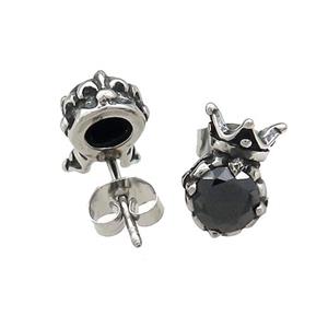 Stainless Steel Stud Earring Pave Rhinestone Crown Antique Silver, approx 8-12mm