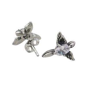 Stainless Steel Stud Earring Pave Rhinestone Angel Wings Antique Silver, approx 13-14mm