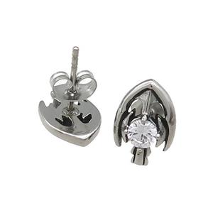 Stainless Steel Stud Earring Pave Rhinestone Shield Antique Silver, approx 9-13mm