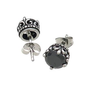 Stainless Steel Stud Earring Pave Rhinestone Flower Of Lily Antique Silver, approx 8mm