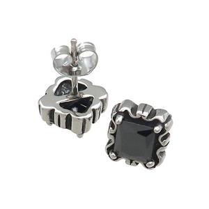 Stainless Steel Stud Earring Pave Rhinestone Square Antique Silver, approx 9mm