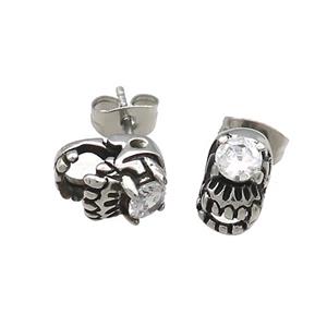Stainless Steel Stud Earring Pave Rhinestone Skull Antique Silver, approx 6-10.5mm