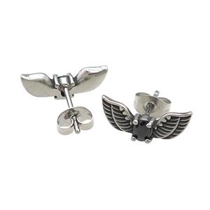 Stainless Steel Stud Earring Pave Rhinestone Angel Wings Antique Silver, approx 7-16mm