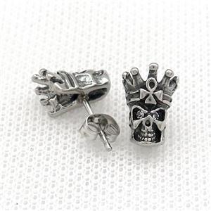 Stainless Steel Stud Earring Pave Rhinestone Skull Antique Silver, approx 9-13mm