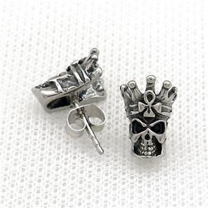 Stainless Steel Stud Earring Pave Rhinestone Skull Antique Silver, approx 9-13mm