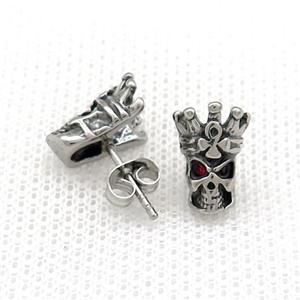 Stainless Steel Stud Earring Pave Red Rhinestone Skull Antique Silver, approx 9-13mm
