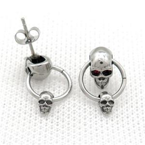 Stainless Steel Stud Earring Pave Rhinestone Skull Antique Silver, approx 4mm, 6x11mm