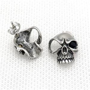 Stainless Steel Stud Earring Pave Rhinestone Skull Antique Silver, approx 14-16mm