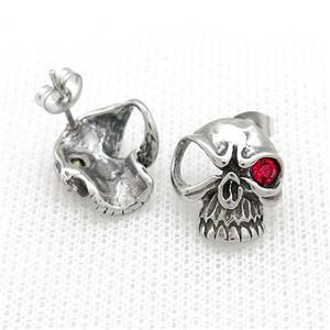 Stainless Steel Stud Earring Pave Rhinestone Skull Antique Silver, approx 14-16mm