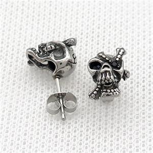 Stainless Steel Stud Earring Pave Rhinestone Skull Antique Silver, approx 9-11mm