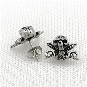 Stainless Steel Stud Earring Pave Rhinestone Skull Antique Silver, approx 11-14mm